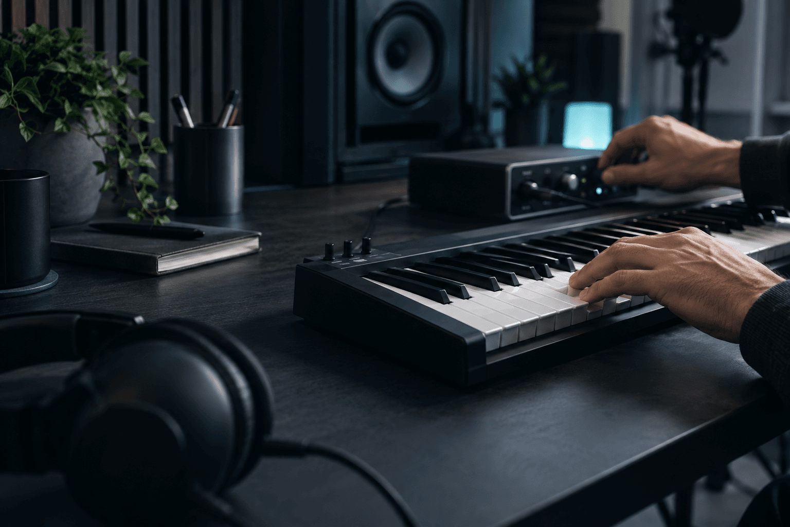 Keyboard and audio interface in a focused home studio